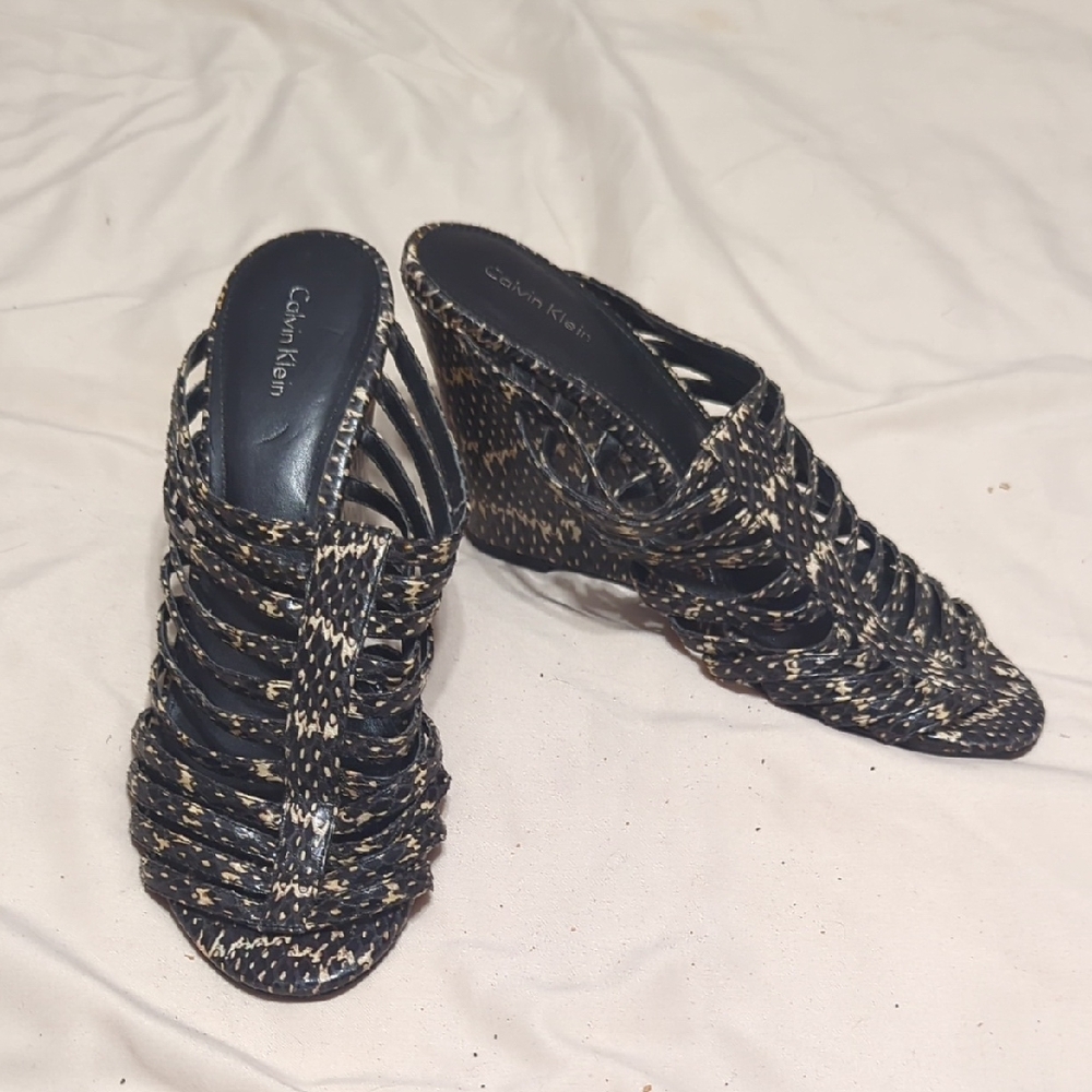 Calvin Klein Black and Tan Woven Wedges